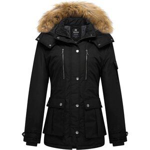 Women's Black Winter Coat Warm Puffer Jacket With Removable Hood